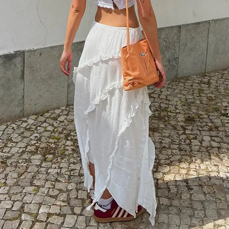 Bohemian White Ruffled Asymmetrical Midi Skirt with Lace-Up Detail