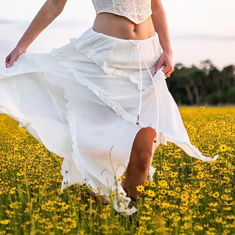 Bohemian White Ruffled Asymmetrical Midi Skirt with Lace-Up Detail