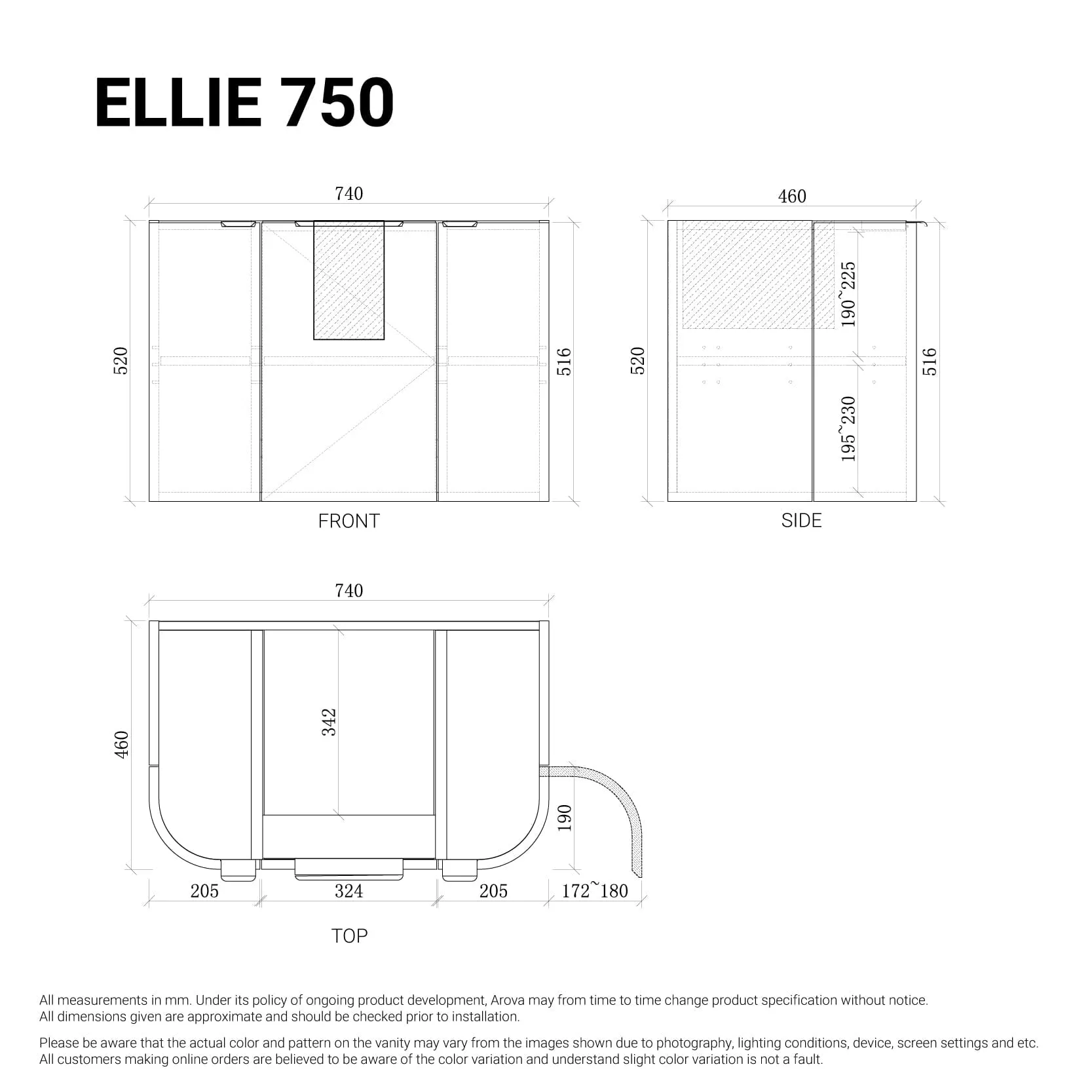Ellie 750mm Curved Wall Hung Vanity   Luxe Stone Top